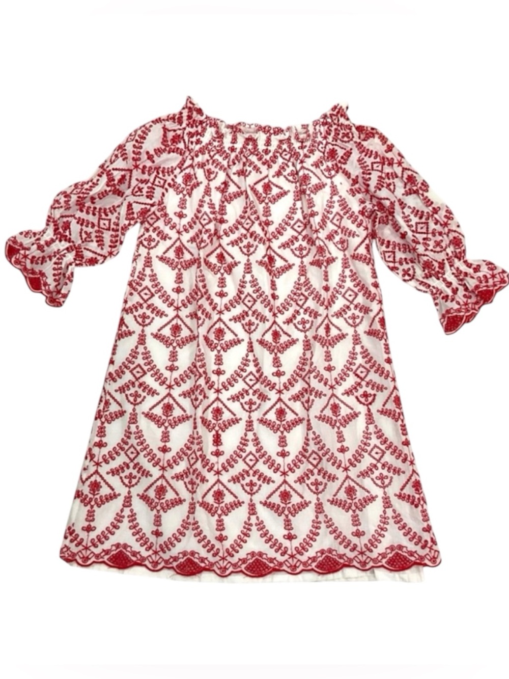 Girls Red Eyelet Dress Boho Off Shoulder Cotton Cottagecore M